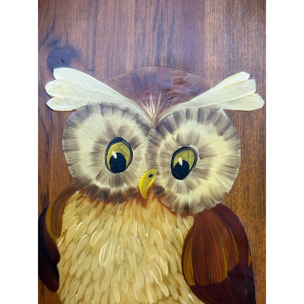 Vintage Artist Signed Hand Painted Owl House Wood Oval Plaque 7"x10 1/2" Retro - Picture 4 of 8